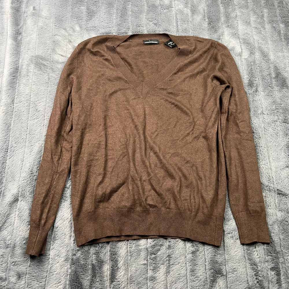 Moda International Silk Cashmere V-Neck Sweater Brown Medium Long Sleeve Knit